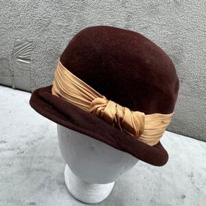 French Original Vintage Cloche Hat Women 22 Brown Genuine Fur Velour Gold Bow